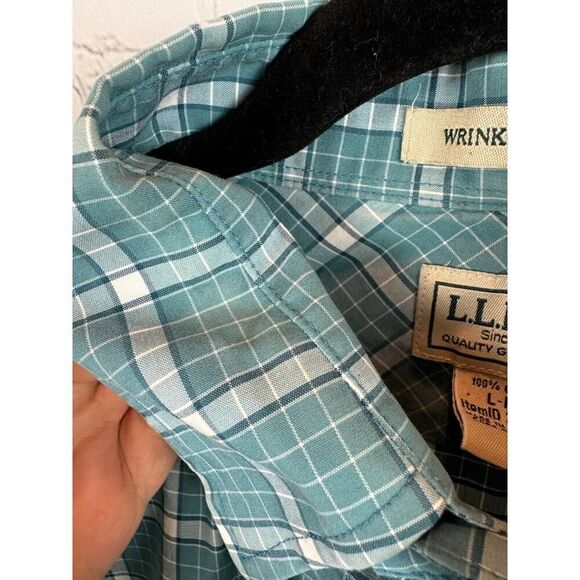 L.L. BEAN blue white check cotton wrinkle resistant mens dress shirt size L - Picture 4 of 8